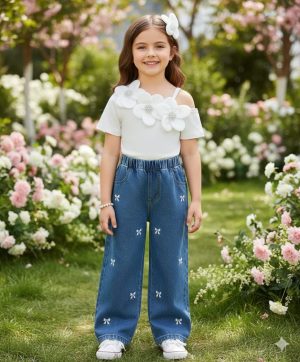 Conjunto para niña blusa flores y jean bordado
