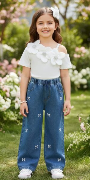 Conjunto para niña blusa flores y jean bordado