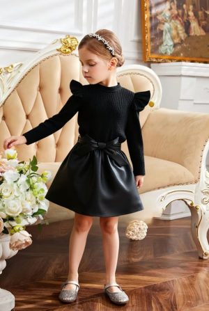 Vestido Niña Elegante Negro Falda Cuerina Manga Larga Fiesta