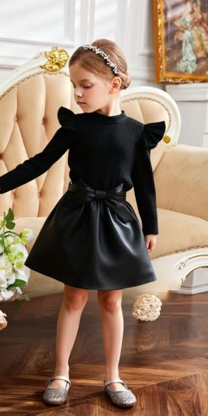 Vestido Niña Elegante Negro Falda Cuerina Manga Larga Fiesta